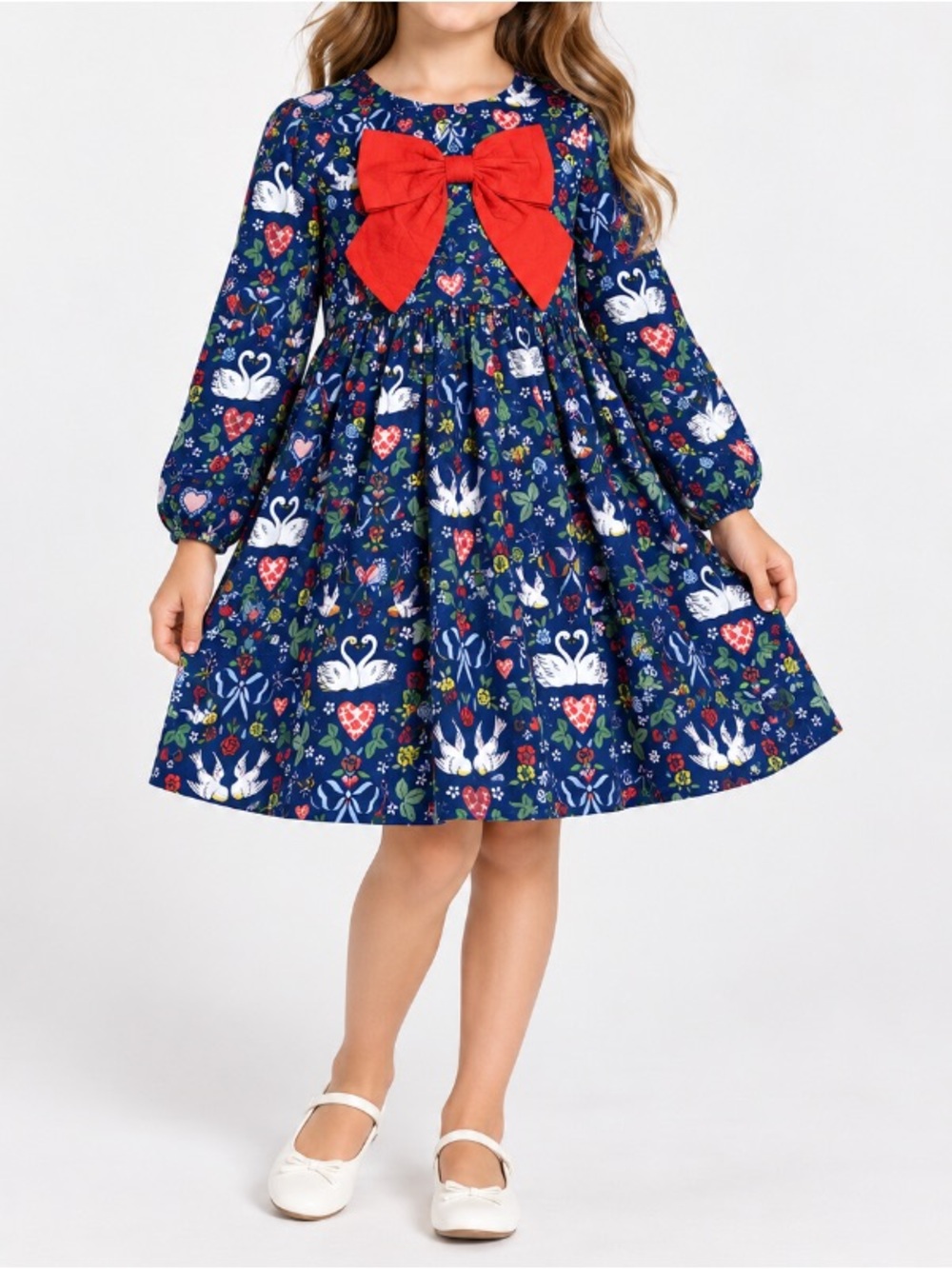 Mini Boden Girls Floral Swan A-Line Corduroy Dress Puff Long Sleeve Bow 9-10